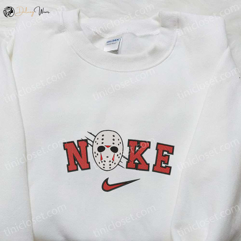 Nike x Jason Voorhees Embroidered Hoodie: Horror Movie Sweatshirt & Nike-Inspired T-Shirt
