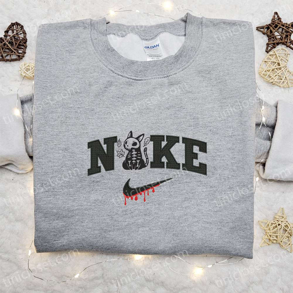 Nike x Skeleton Cat Embroidered Shirt: Best Halloween Gift for Nike Lovers