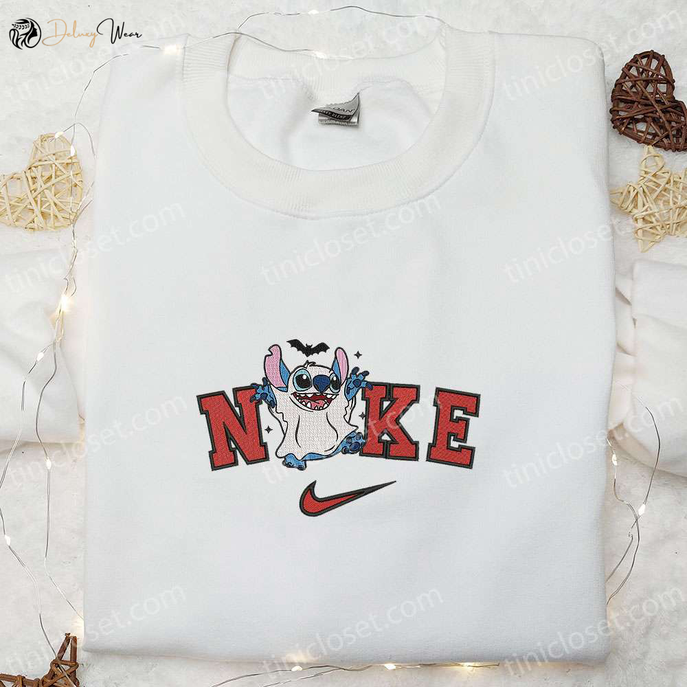 Spooky Nike x Stitch Ghost Embroidered Shirt: Halloween Sweatshirt with Disney Characters