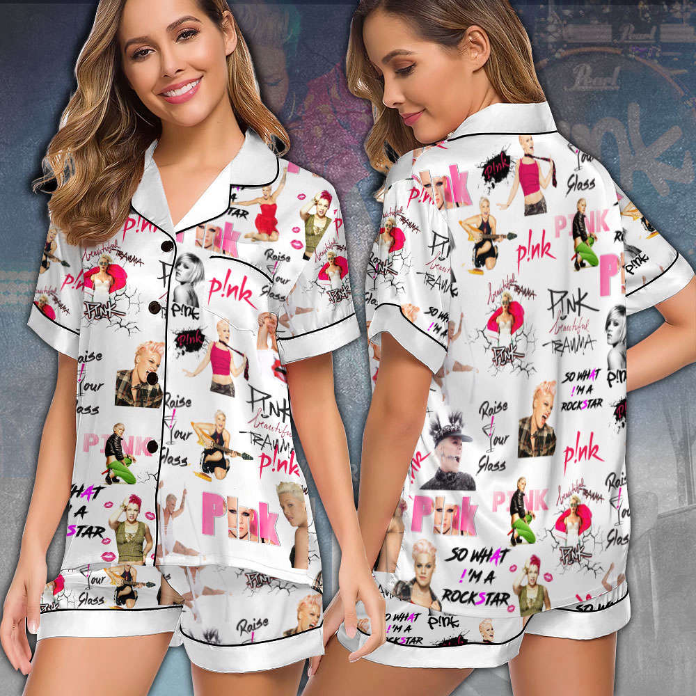 P!nk Imitation Silk Pajama Set With Short Sleeve – Gift for Women – Christmas Gift