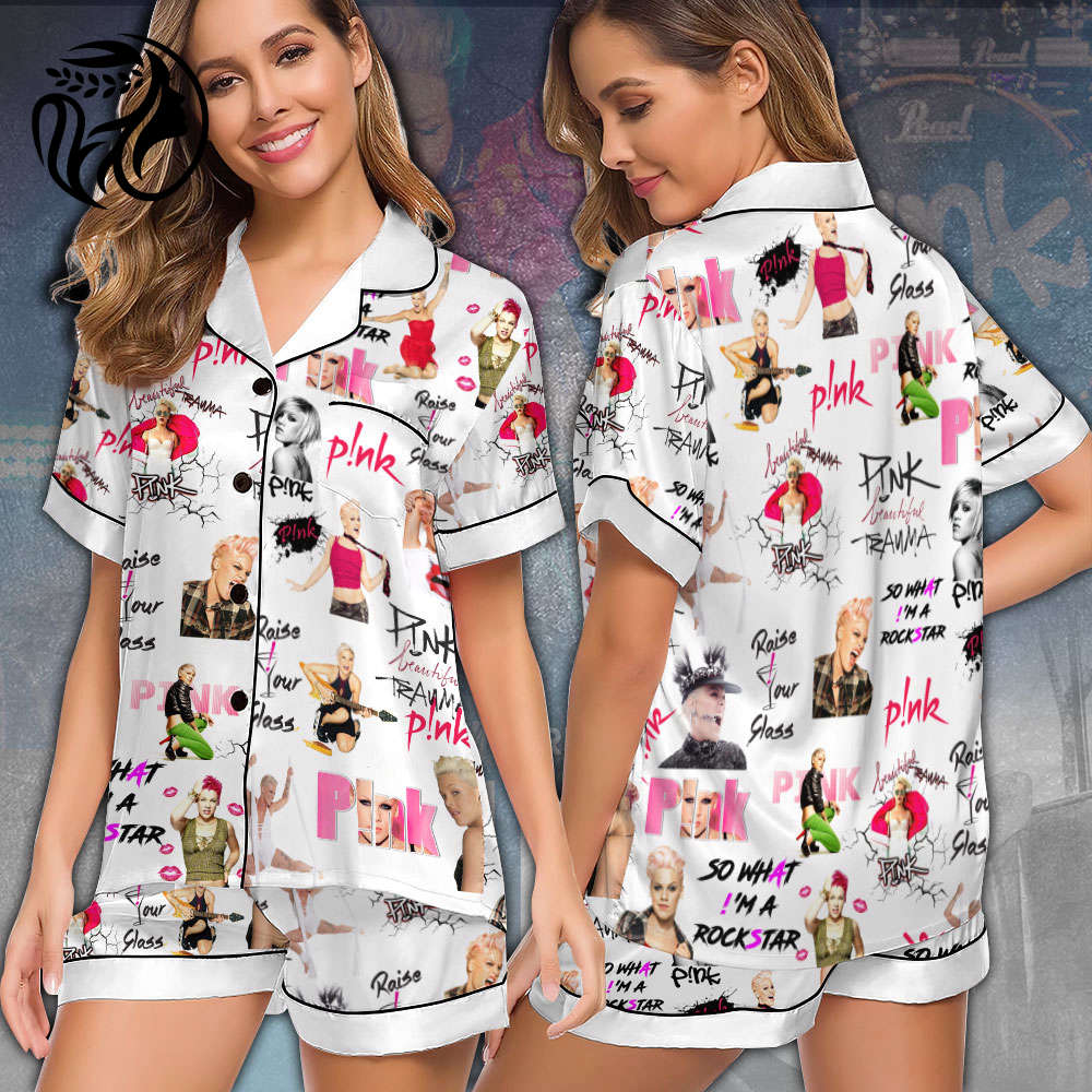 P!nk Imitation Silk Pajama Set With Short Sleeve – Gift for Women – Christmas Gift