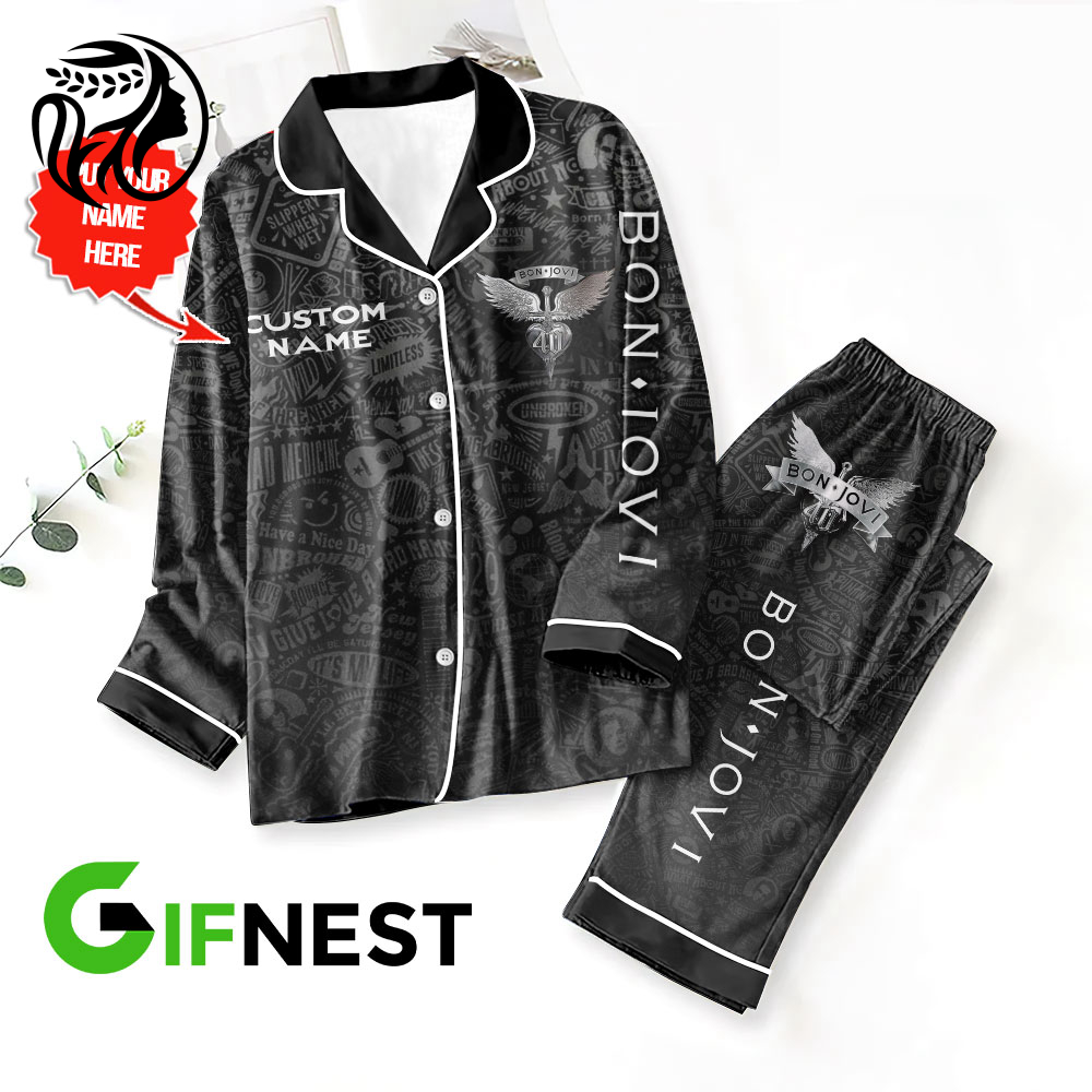 Personalized Bon Jovi Button Down Pajamas Set – Gift for Women – Christmas Gift