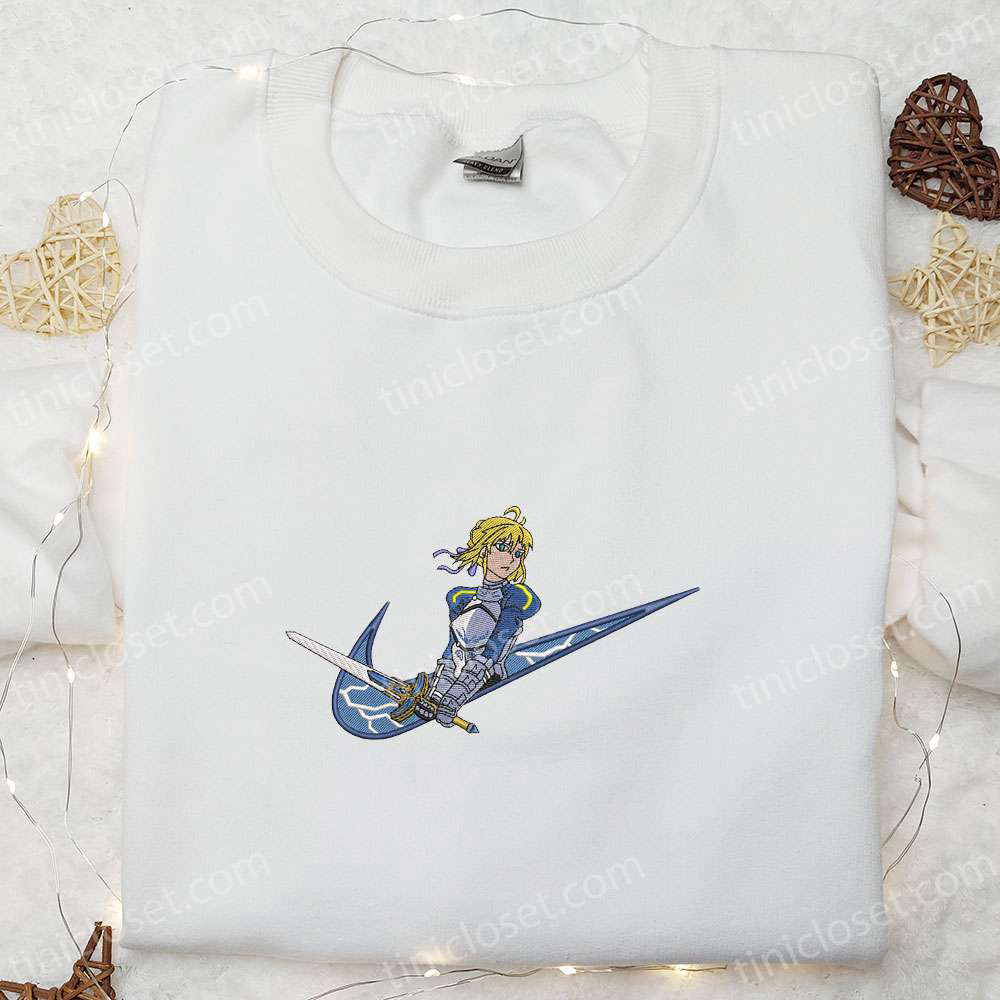 Saber x Swoosh Anime Sweatshirt: Nike-Inspired Embroidered Shirt Perfect Family Gift!