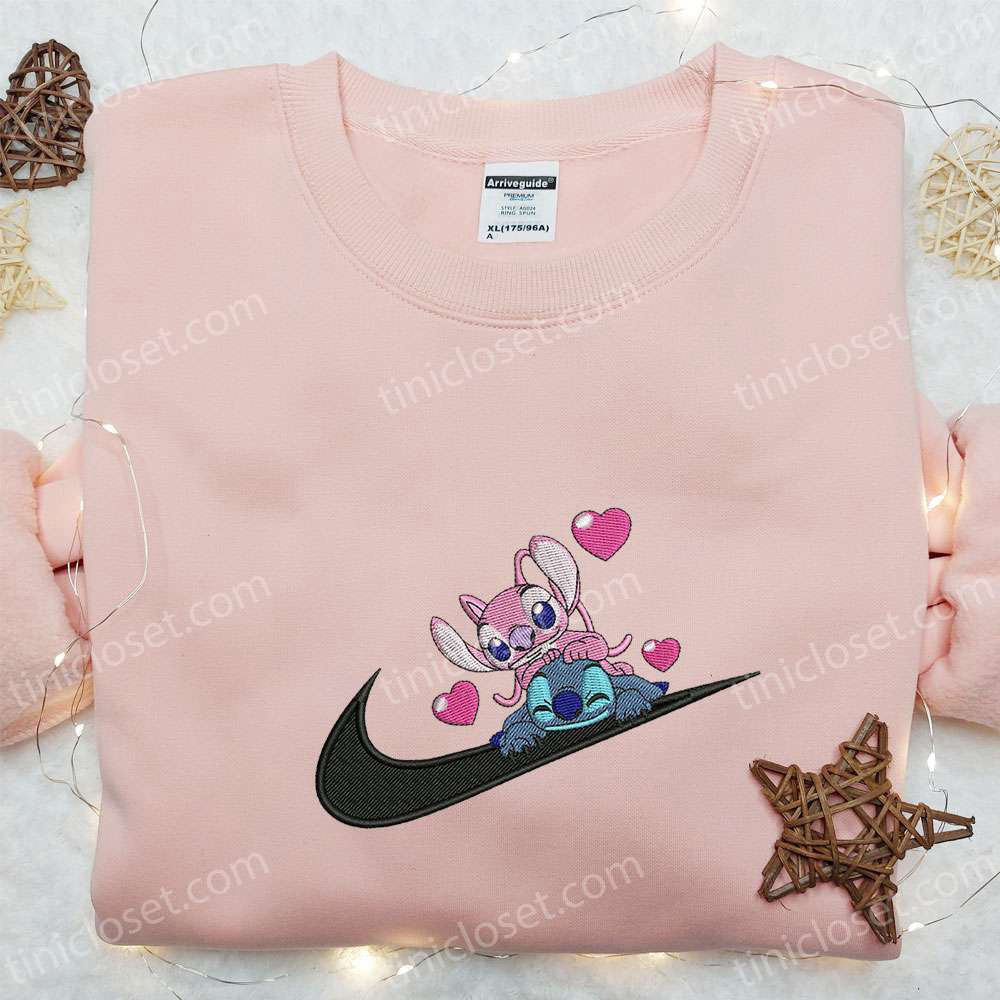Disney Characters Embroidered Hoodie: Stitch Angel Couple Love x Swoosh Cartoon Shirt – Best Family Gift Ideas