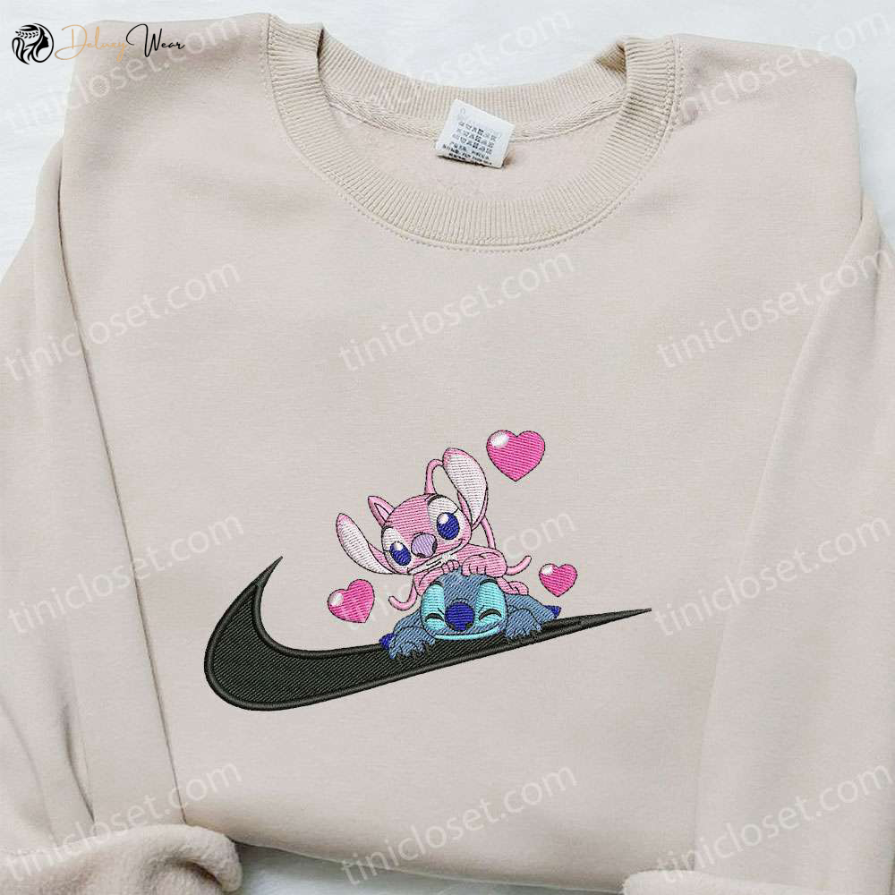 Disney Characters Embroidered Hoodie: Stitch Angel Couple Love x Swoosh Cartoon Shirt – Best Family Gift Ideas