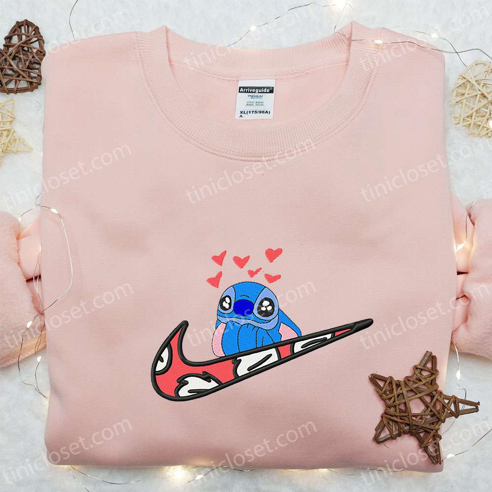 Disney Characters Embroidered Sweatshirt: Stitch Hearts x Swoosh Hoodie – Best Valentine’s Gift Ideas