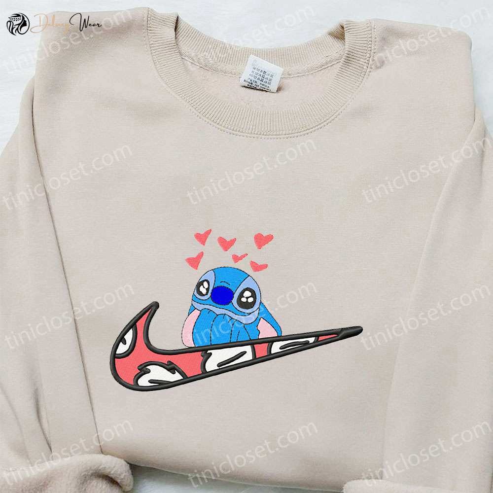 Disney Characters Embroidered Sweatshirt: Stitch Hearts x Swoosh Hoodie – Best Valentine’s Gift Ideas