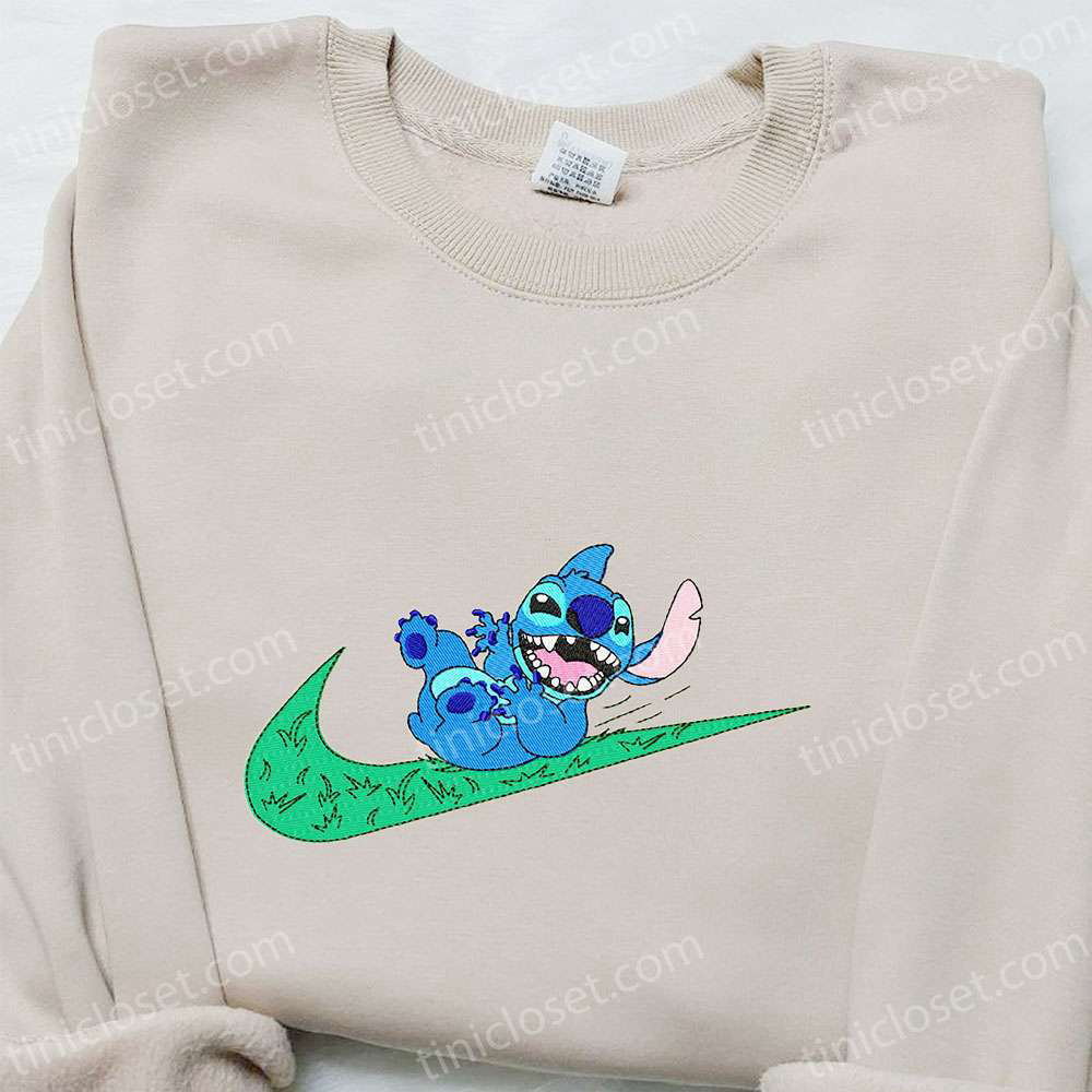 Stitch x Nike Swoosh Cartoon Embroidered Tshirt – Best Nike Inspired Gift for Family