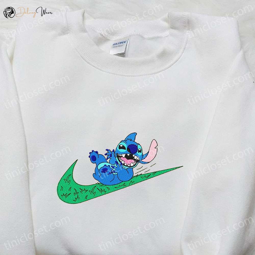 Stitch x Nike Swoosh Cartoon Embroidered Tshirt – Best Nike Inspired Gift for Family