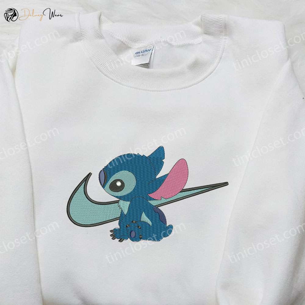 Stitch x Nike Swoosh Embroidered Sweatshirt – Lilo and Stitch Cartoon Shirt Nike Inspired