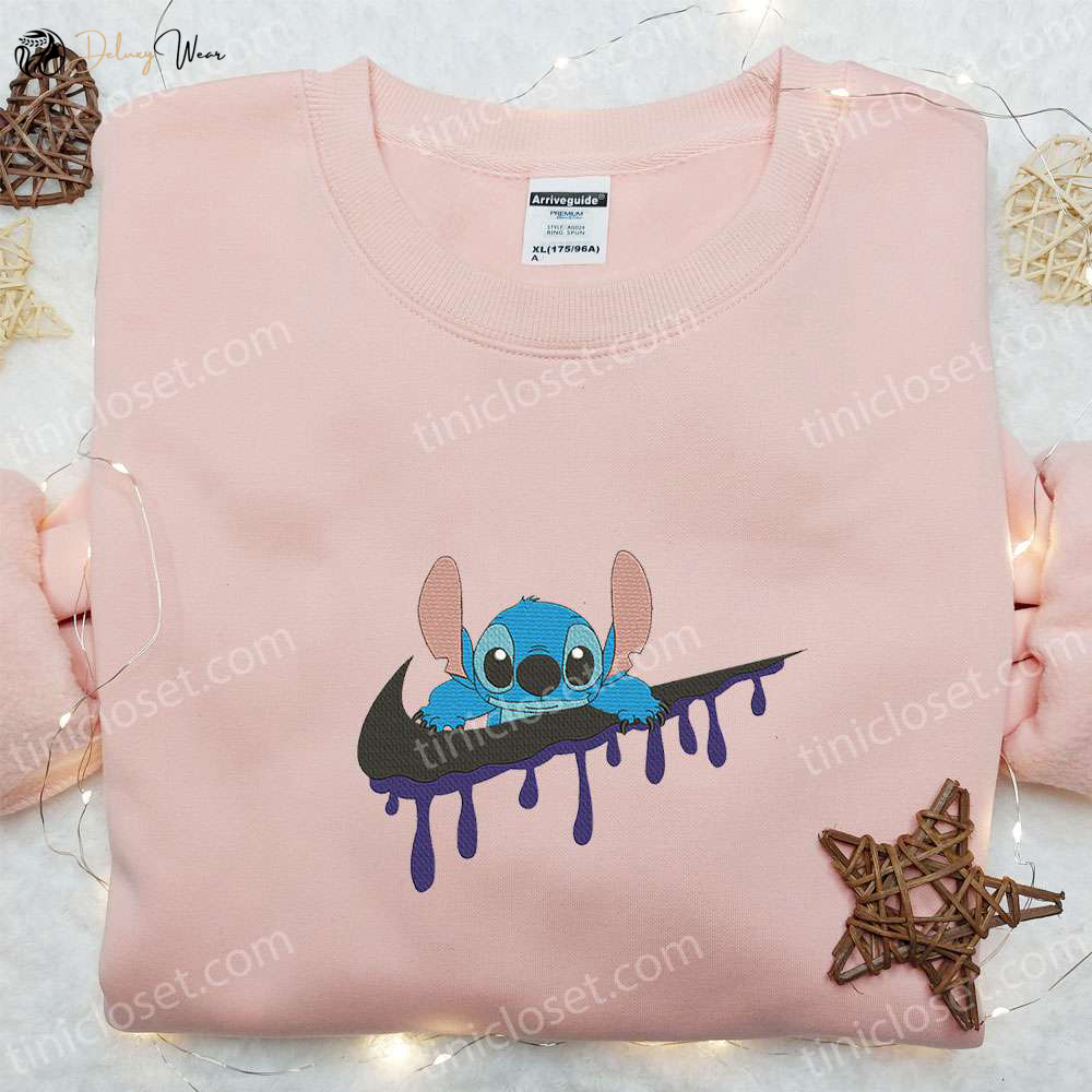 Stitch x Swoosh Cartoon Embroidered Sweatshirt – Nike Inspired Hoodie Perfect Family Gift