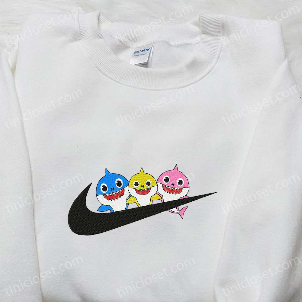 Nike Swoosh Cartoon Embroidered Shirt – Three Baby Sharks Design Best Birthday Gift Ideas