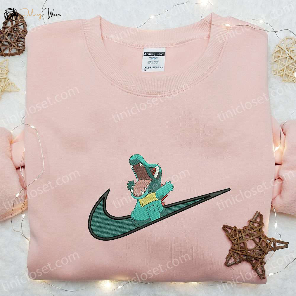 Totodile x Swoosh Anime Embroidered Hoodie – Cool Anime Clothing Best Gift for Family