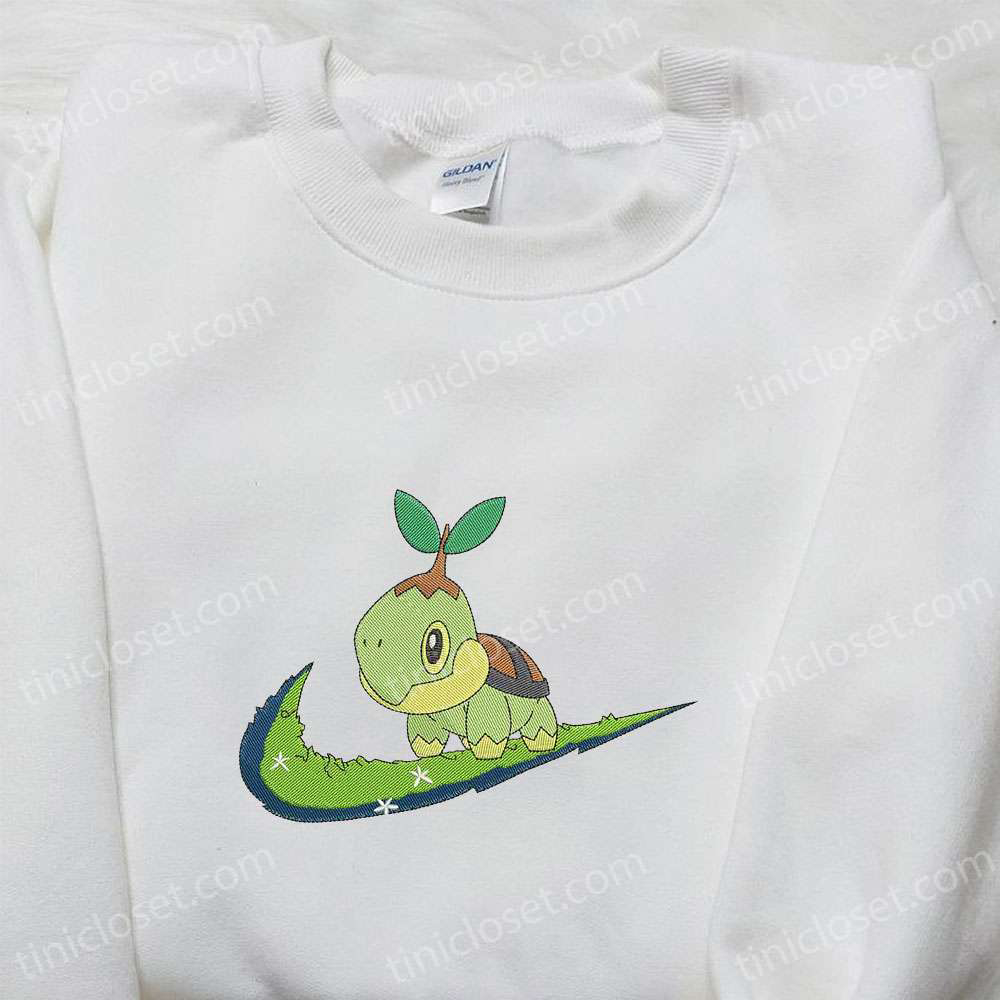 Turtwig x Swoosh Anime Embroidered Hoodie: Cool Anime Clothing & Best Family Gift Ideas