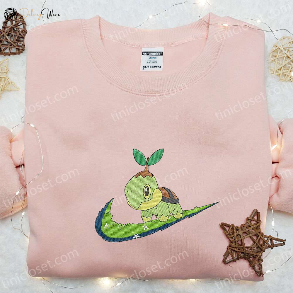 Turtwig x Swoosh Anime Embroidered Hoodie: Cool Anime Clothing & Best Family Gift Ideas