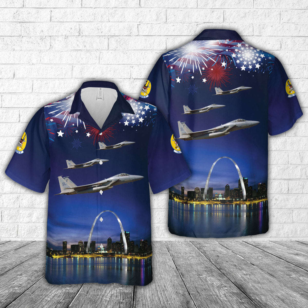US Air Force Missouri Air National Guard 110th Fighter Squadron McDonnell Douglas F-15C Eagle over St Louis Gateway Arch, 4th Of July Hawaiian Shirt Gift for Men Dad Father Gift for Men Dad Father