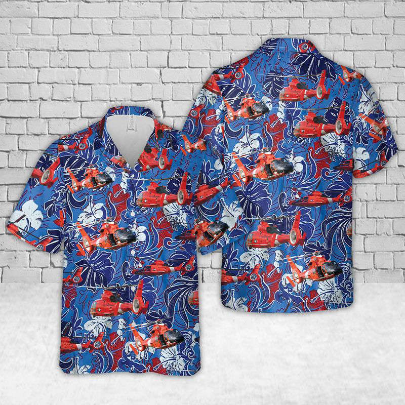 US Coast Guard Eurocopter MH-65 Dolphin Helicopter Firework Hawaiian Shirt Gift for Men Dad Father Gift for Men Dad Father