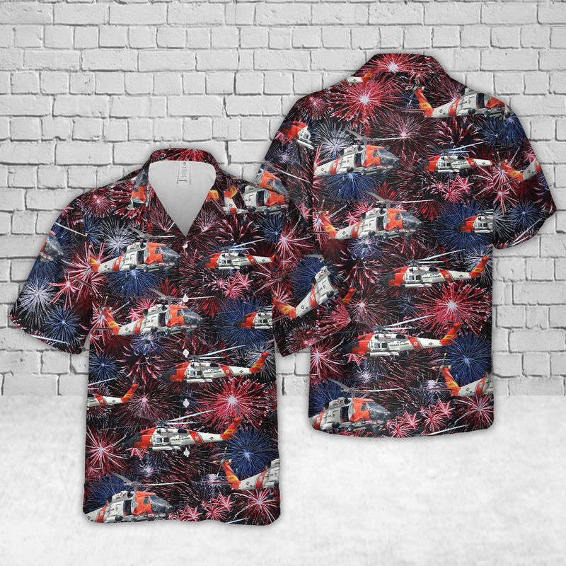 US Coast Guard Sikorsky MH-60 Jayhawk Helicopter Firework Hawaiian Shirt Gift for Men Dad Father Gift for Men Dad Father