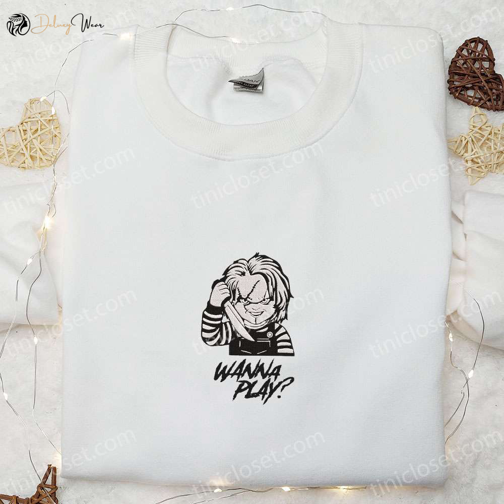 Wanna Play Chucky Embroidered Shirt: Scary Halloween Gift for Family