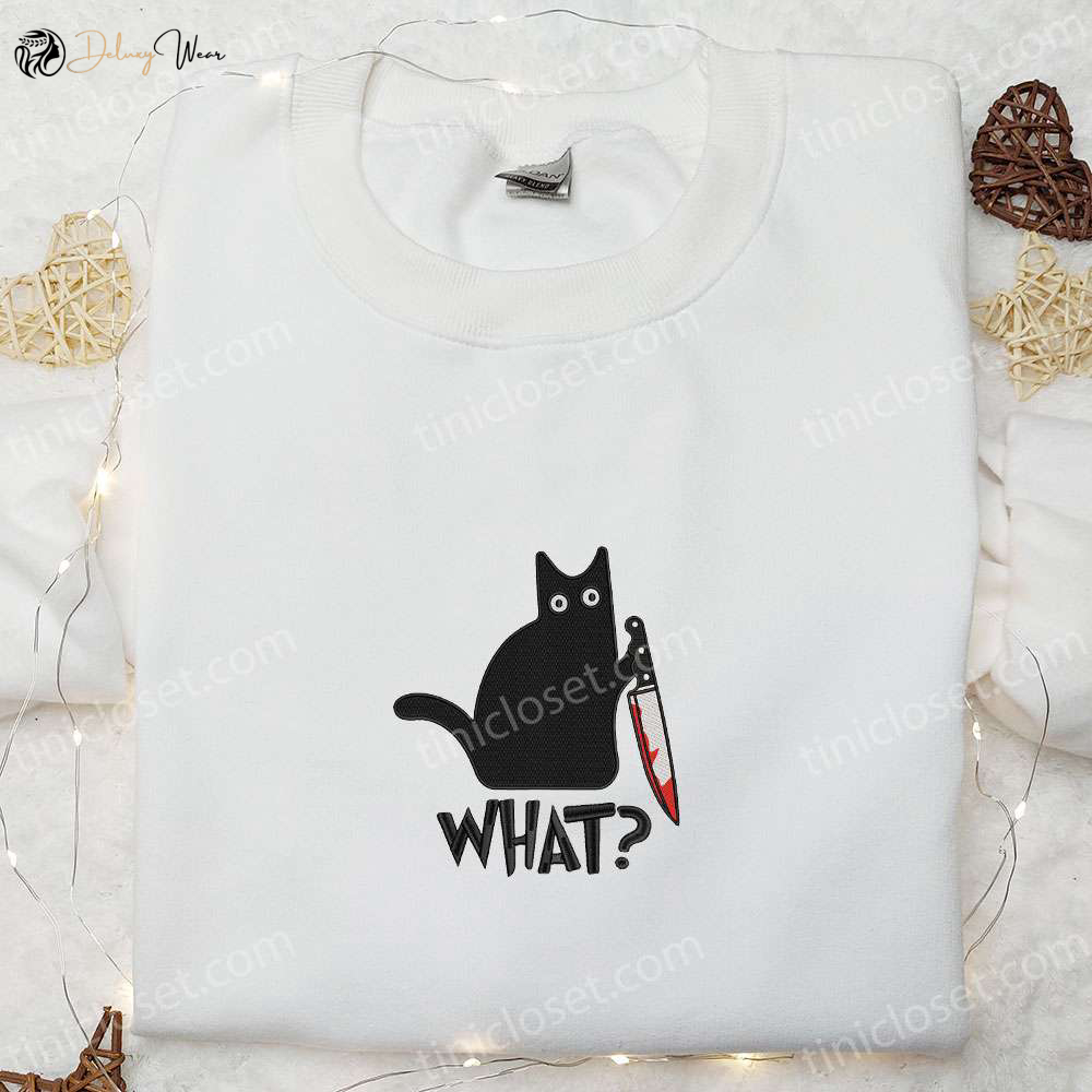 Spooky Black Cat with Knife Embroidered Shirt – Perfect Halloween Gift