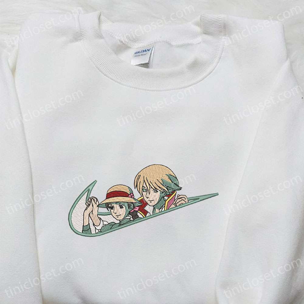 Nike Swoosh Anime Embroidered Shirt: Wizard Howl & Sophie Hatter Design Perfect Family Gift