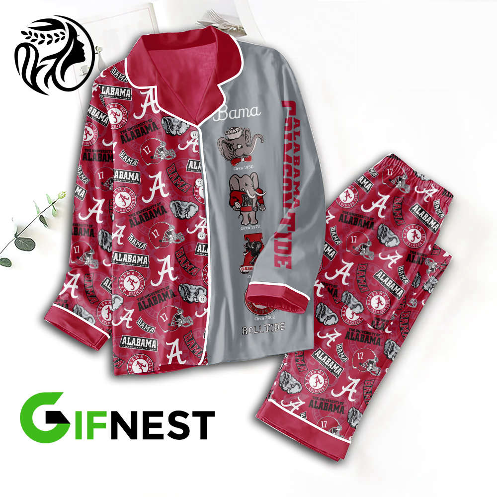 Alabama Crimson Tide Football Button Down Pajamas Set – Gift for Women – Christmas Gift