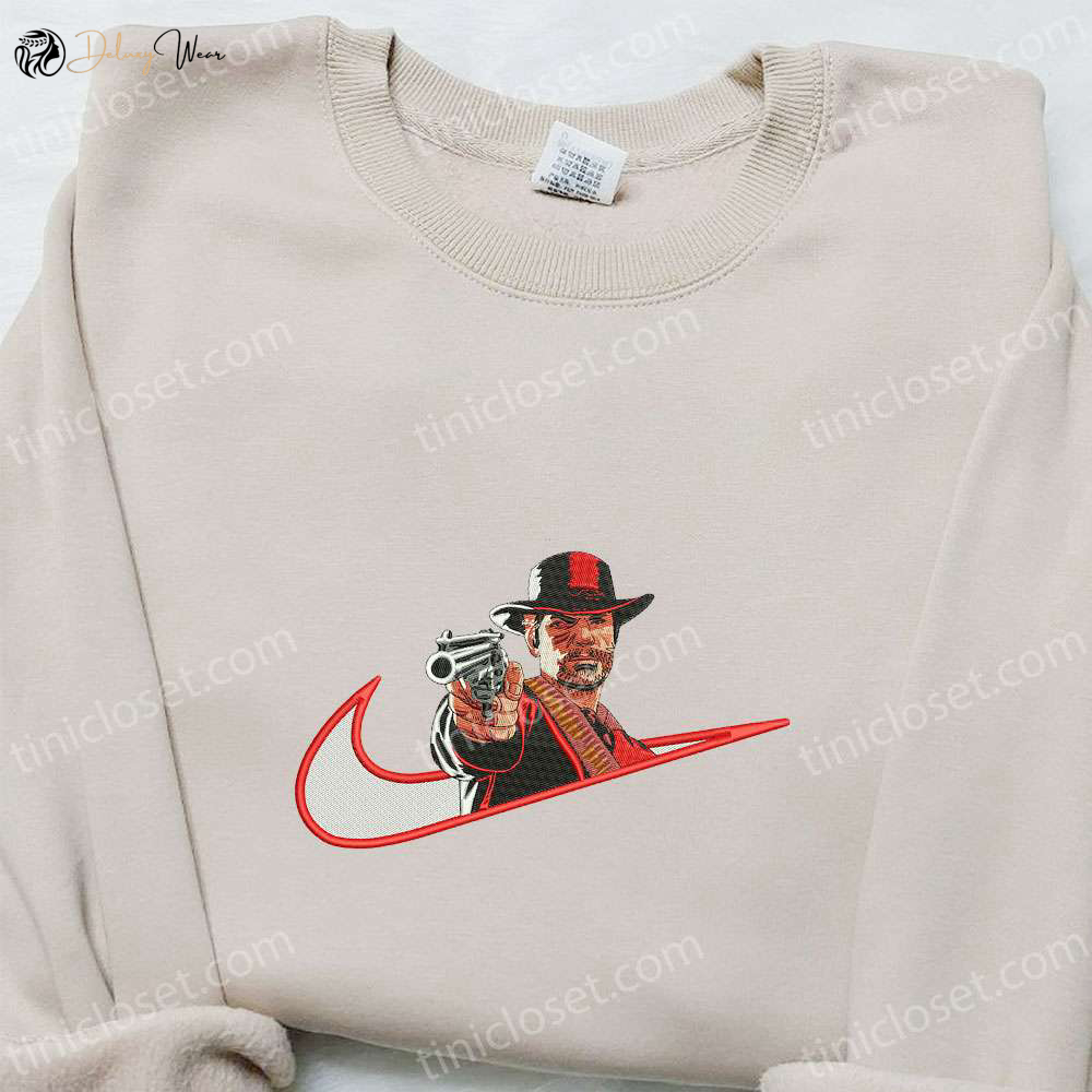 Arthur Morgan Red Dead x Nike Swoosh Shirt Video Game Characters Hoodie Nike Inspired Sweatshirt