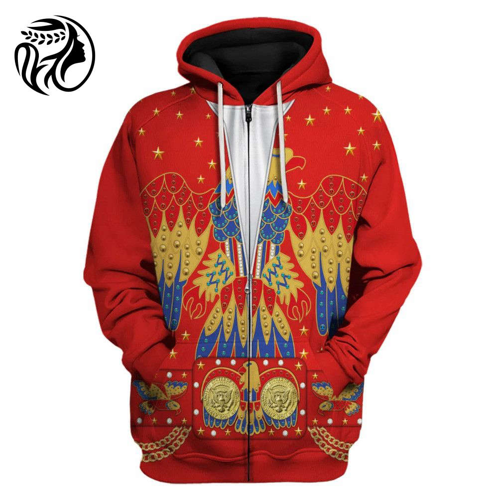Elvis Presley Eagle Red Costume Cosplay Custom All Over Print Hoodie , Sweatshirt T-Shirt Outfit Tracksuit 3D All Over Printed Zip Hoodie