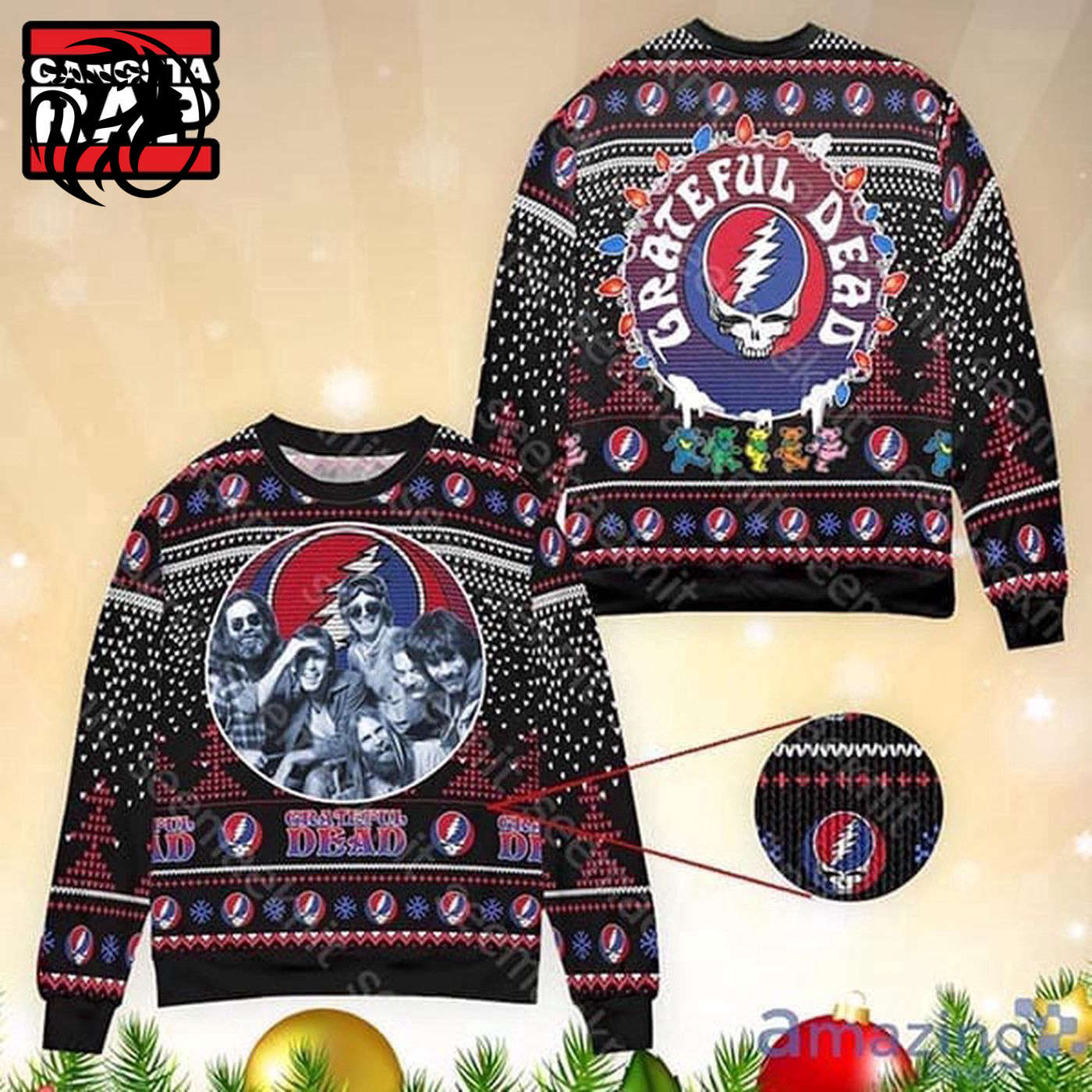 Grateful Dead Logo With Member Picture Ugly Christmas Sweater