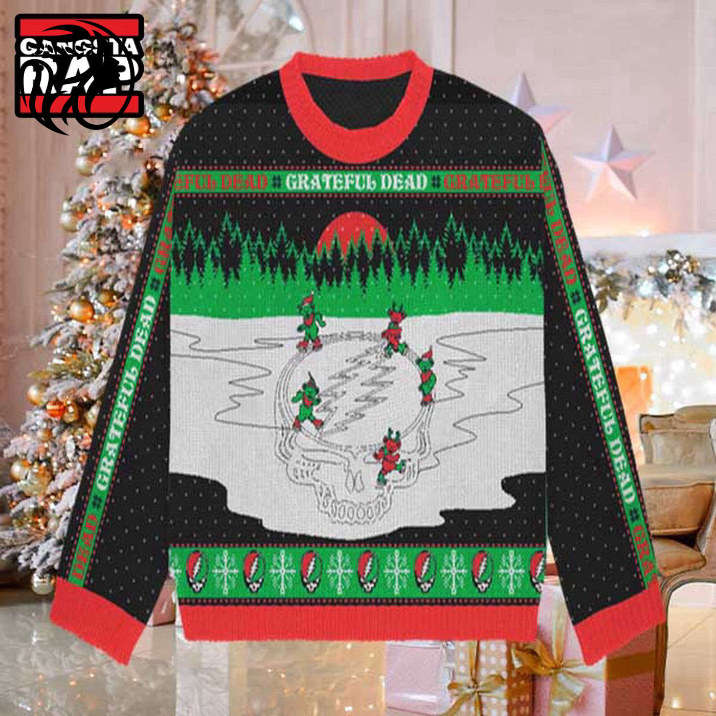 Grateful Dead Skating Bears Snowflakes Pattern Ugly Christmas Sweater