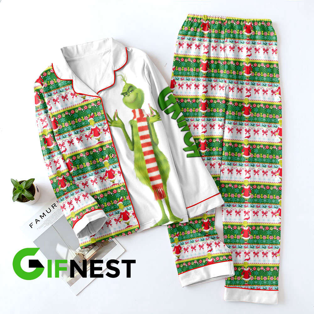 Grinch Button Down Pajamas Set –  Gift for Women – Christmas Gift