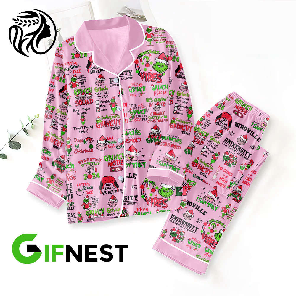 Grinch Button Down Pajamas Set –  Gift for Women – Christmas Gift