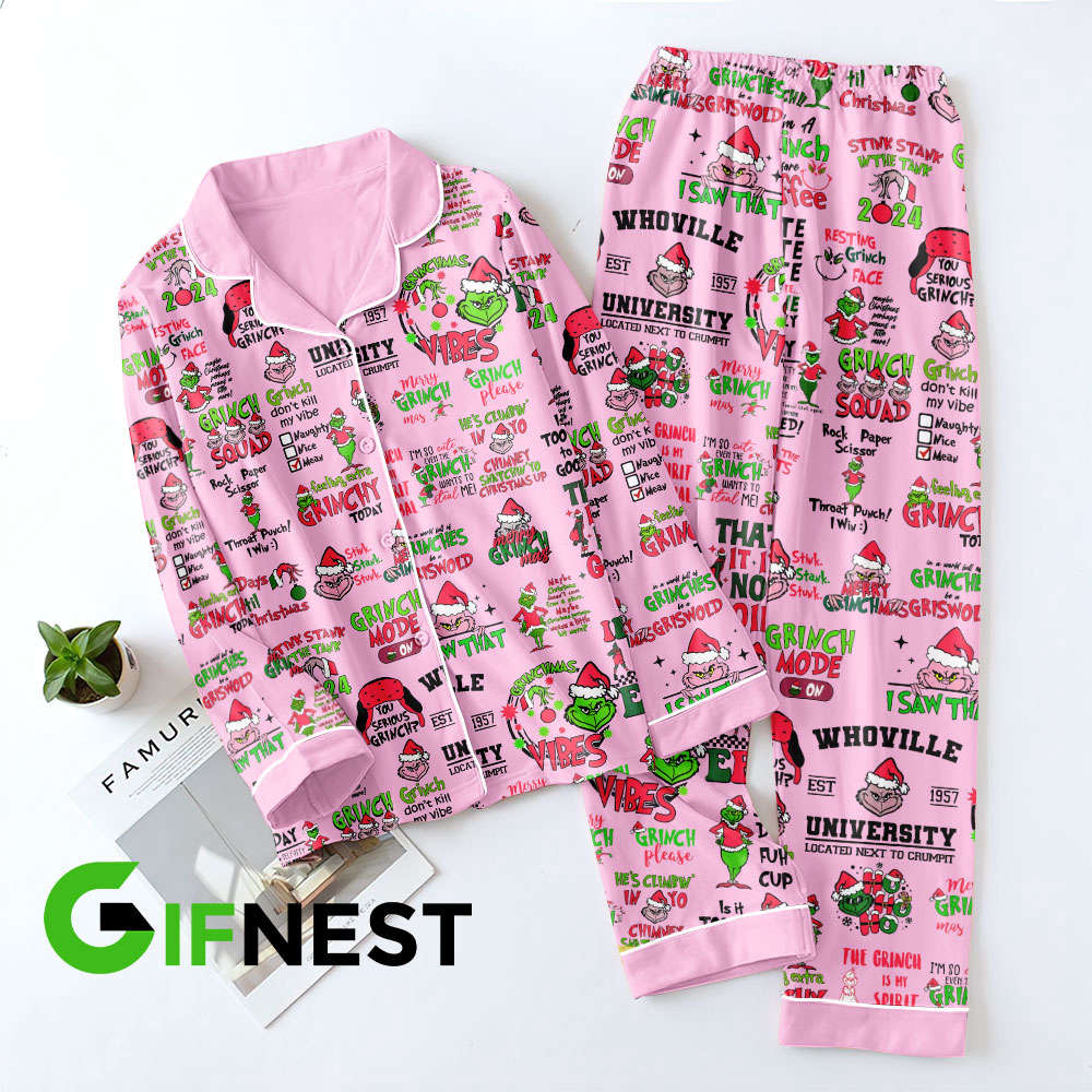 Grinch Button Down Pajamas Set –  Gift for Women – Christmas Gift
