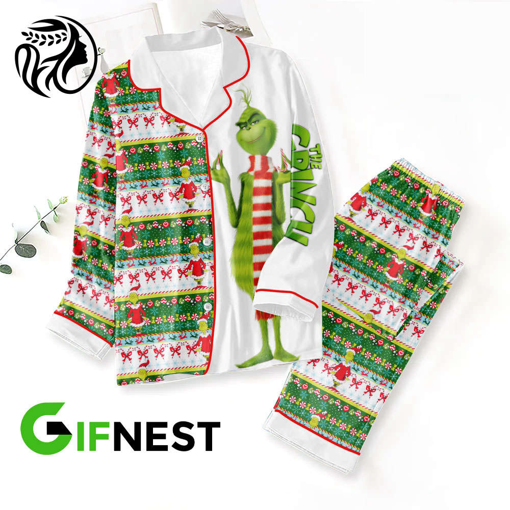 Grinch Button Down Pajamas Set –  Gift for Women – Christmas Gift