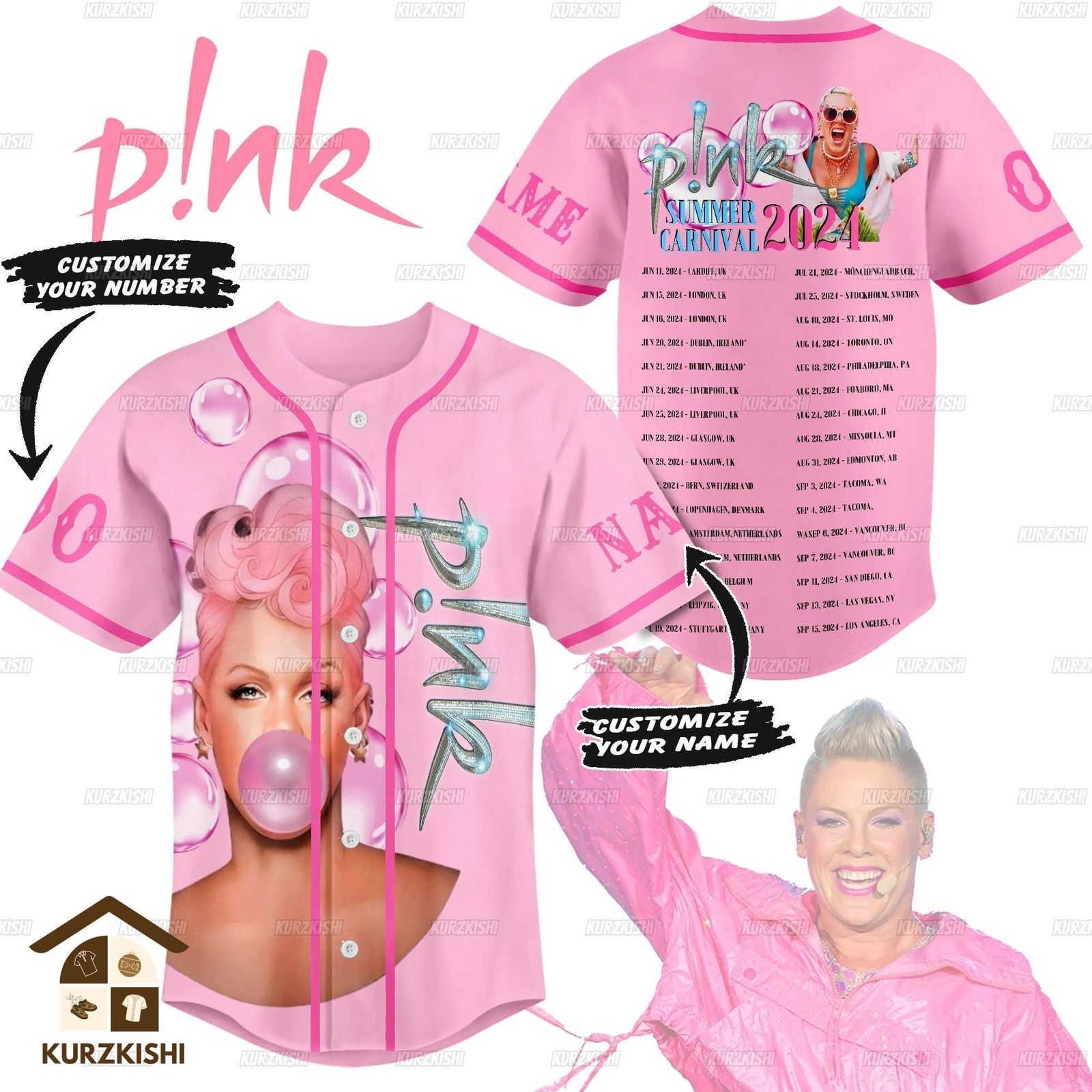 P!nk Pink Jersey Shirt: Summer Carnival & Singer Baseball Jerseys Custom On Tour & Trust Fall Album Shirts