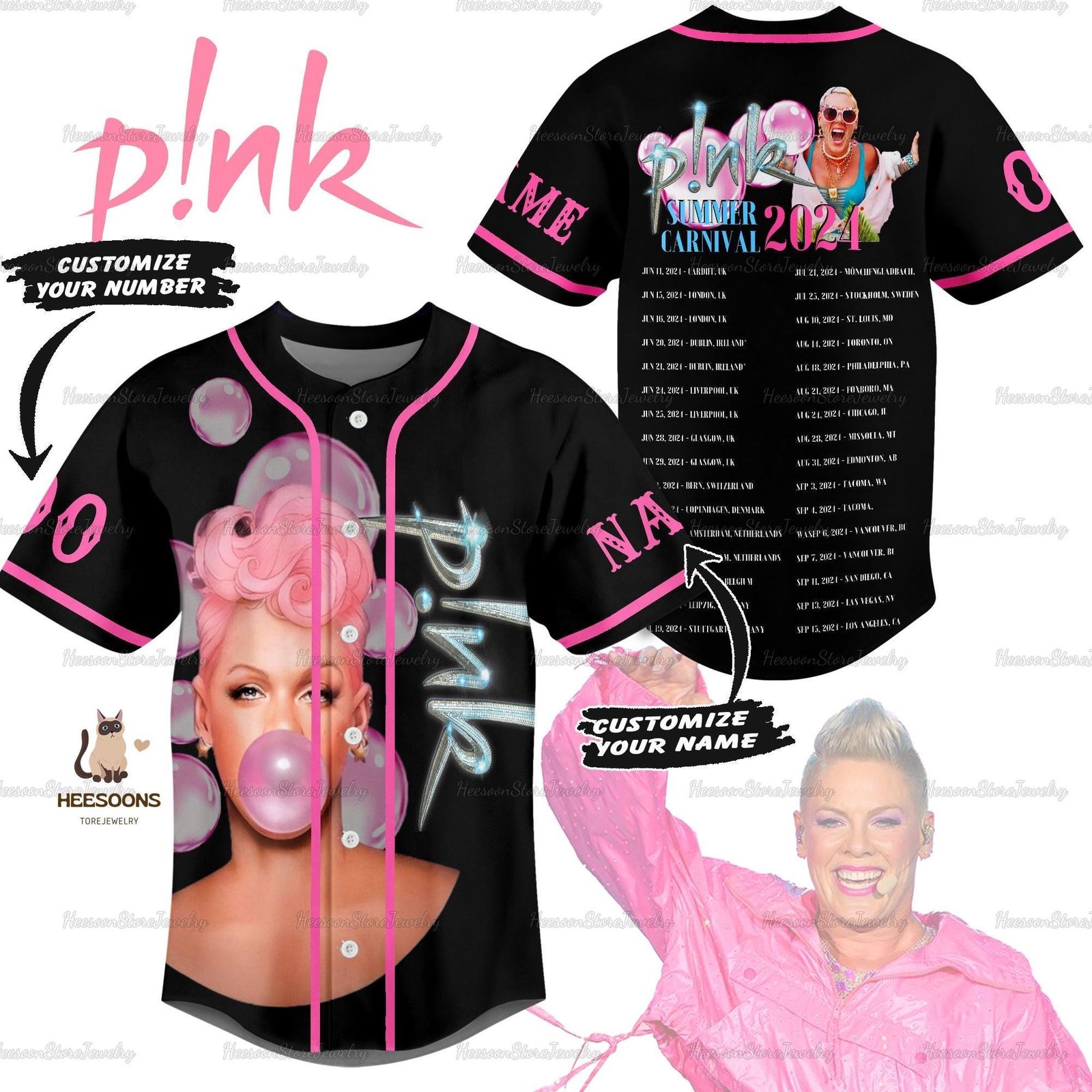 P!nk Pink Jersey Shirt: Summer Carnival Singer Baseball Custom On Tour & Trust Fall Album Shirt