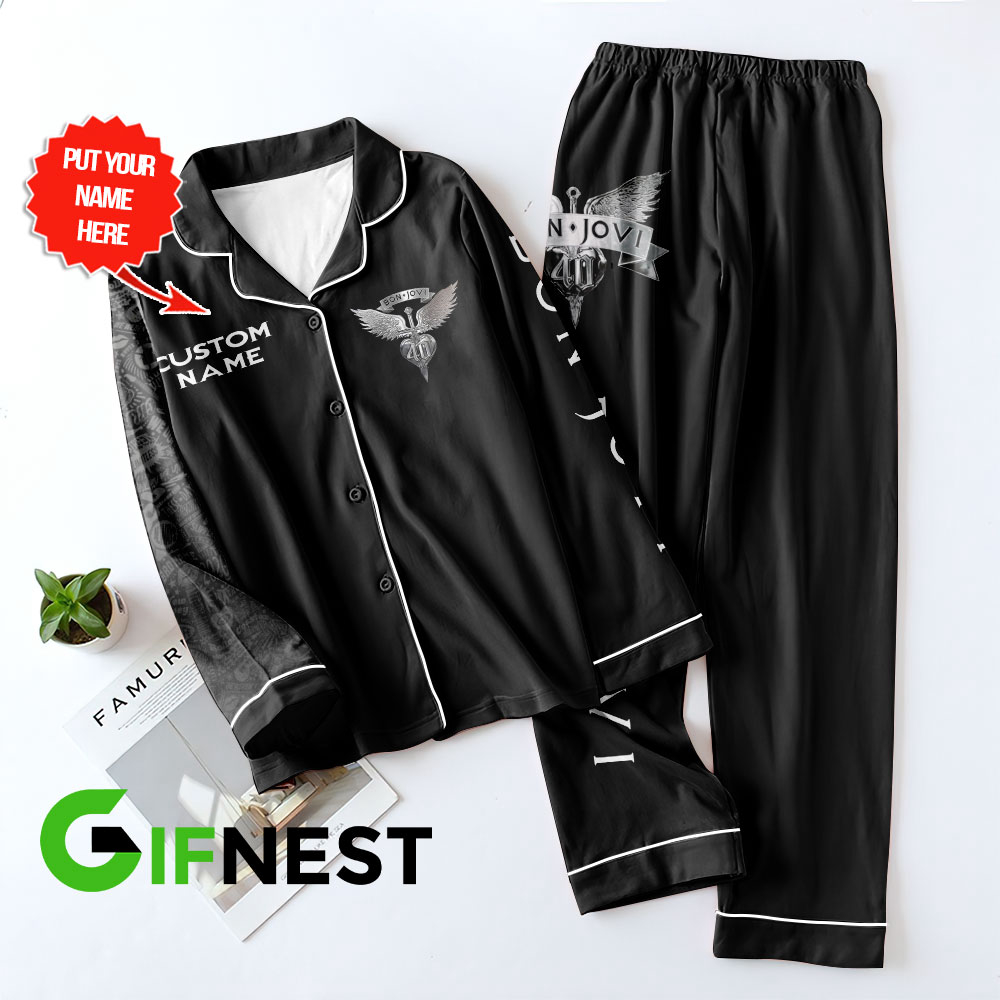 Personalized Bon Jovi Button Down Pajamas Set – Gift for Women – Christmas Gift
