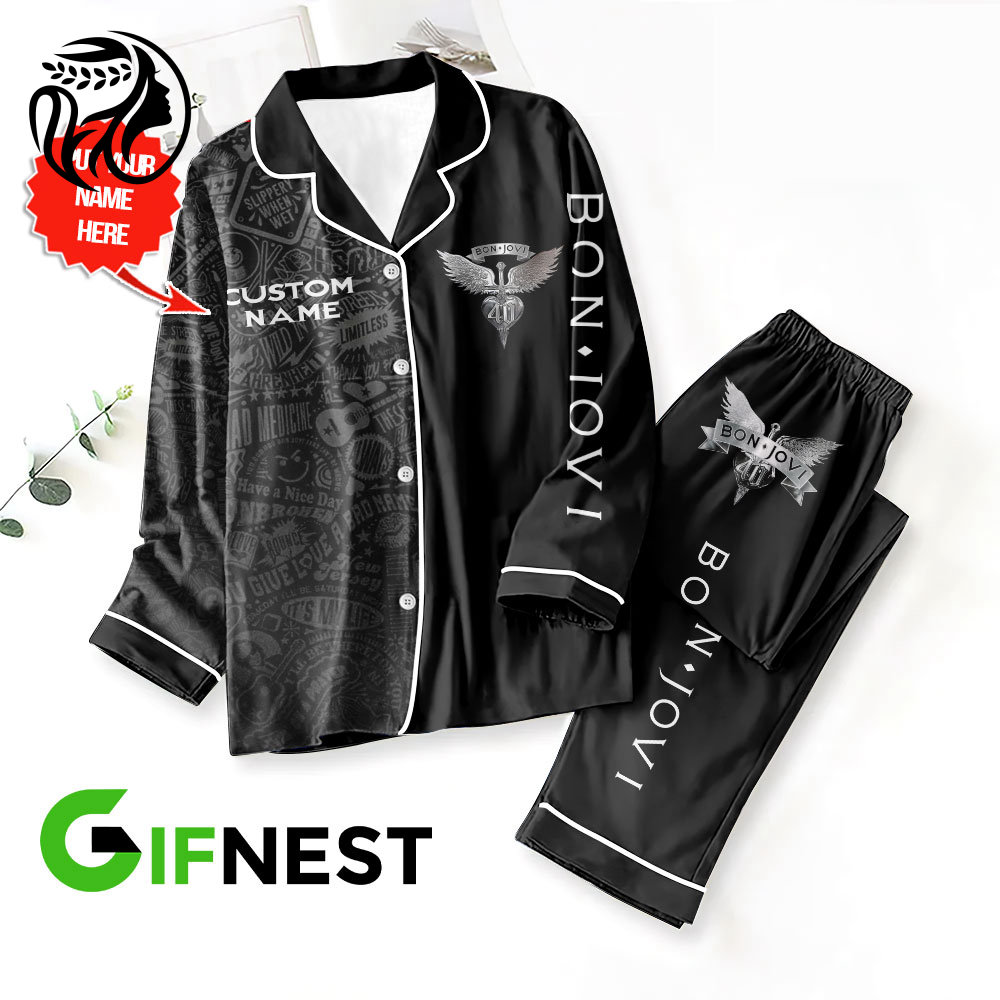 Personalized Bon Jovi Button Down Pajamas Set – Gift for Women – Christmas Gift