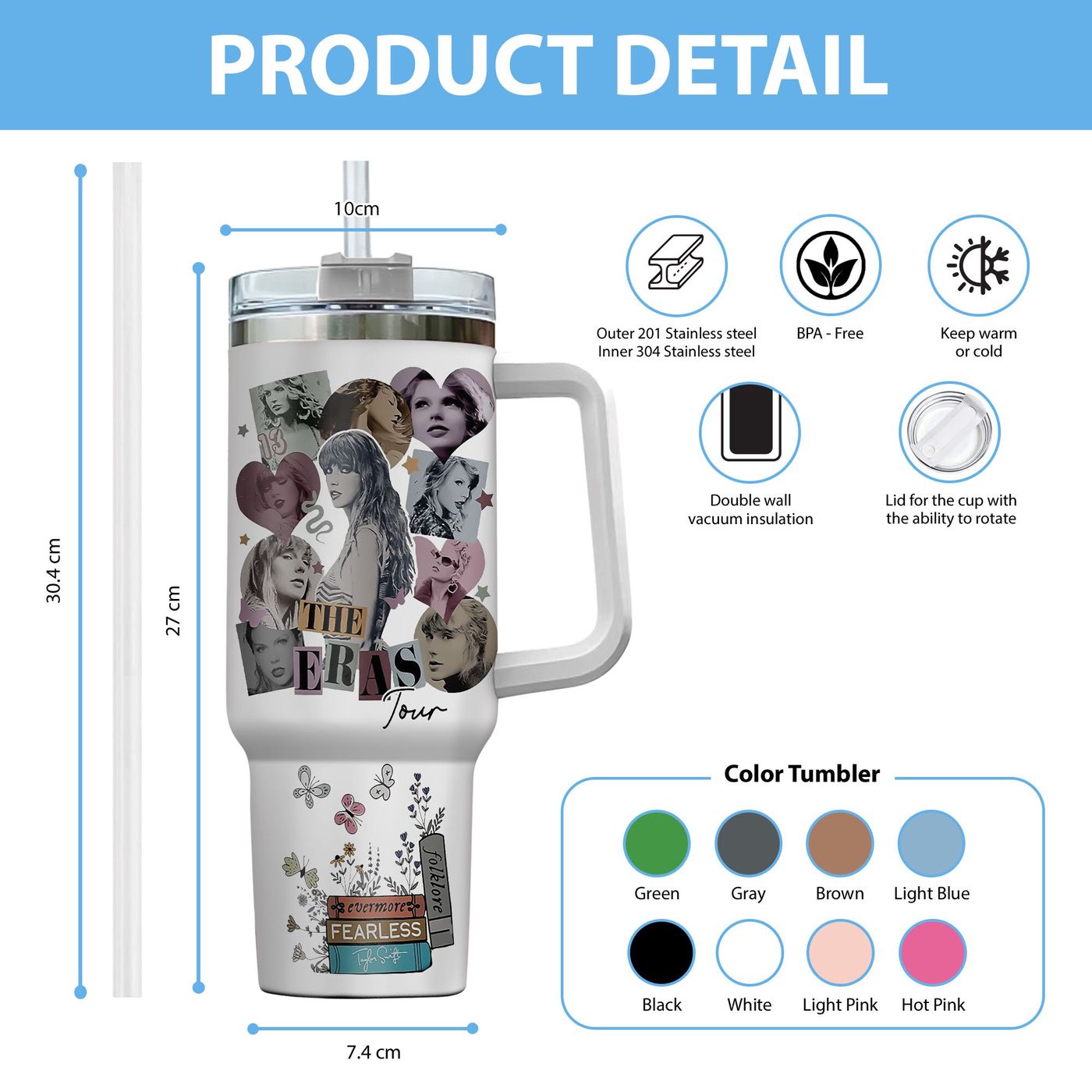 Taylor Swift 40oz Tumbler: Eras Tour Design Handle Car Mug Stainless Steel Double-Wall – Stay Hydrated in Style!