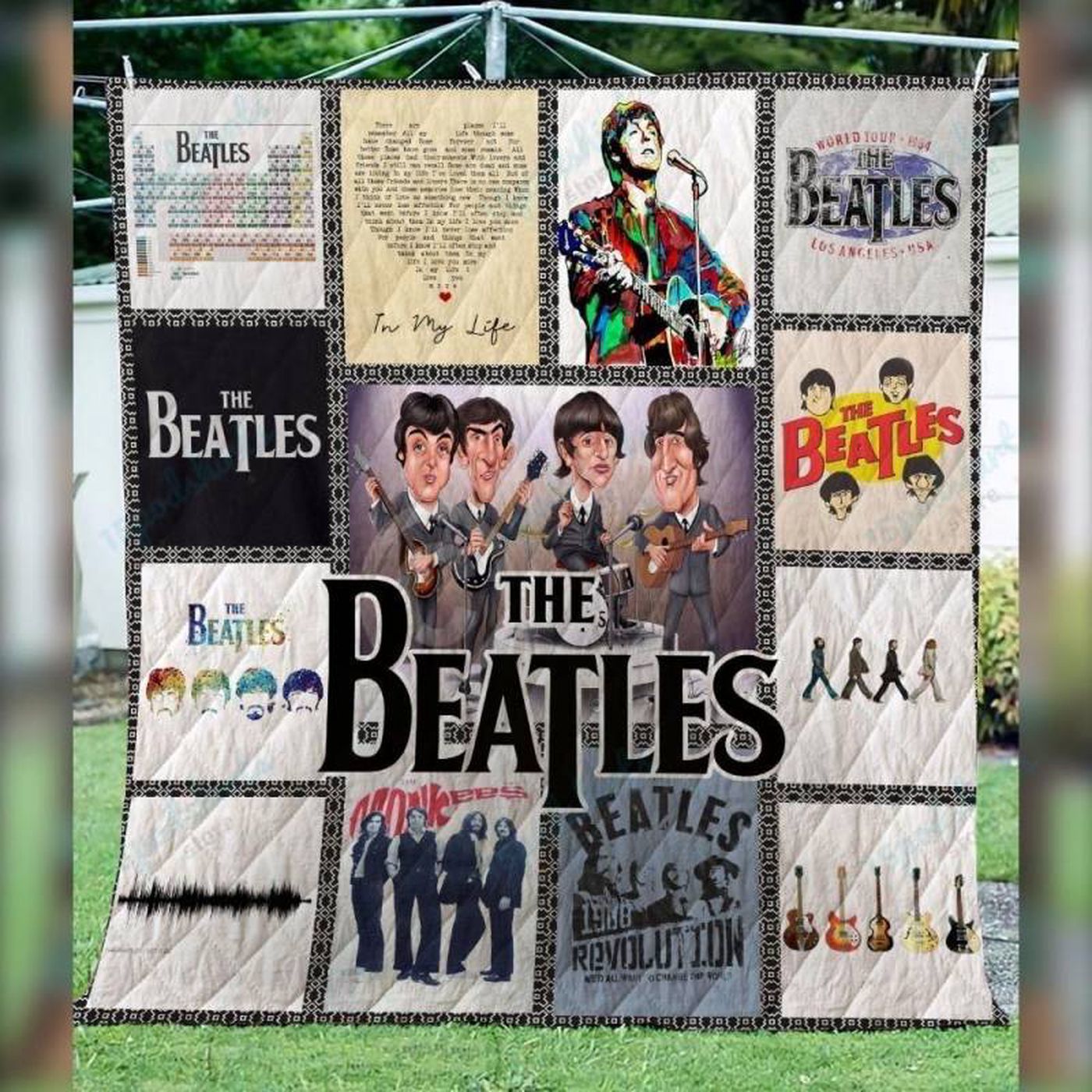 Rock Your Style with The Beatles Tshirt Quilt Blanket – Perfect for Music Lovers & Fab Four Fans!