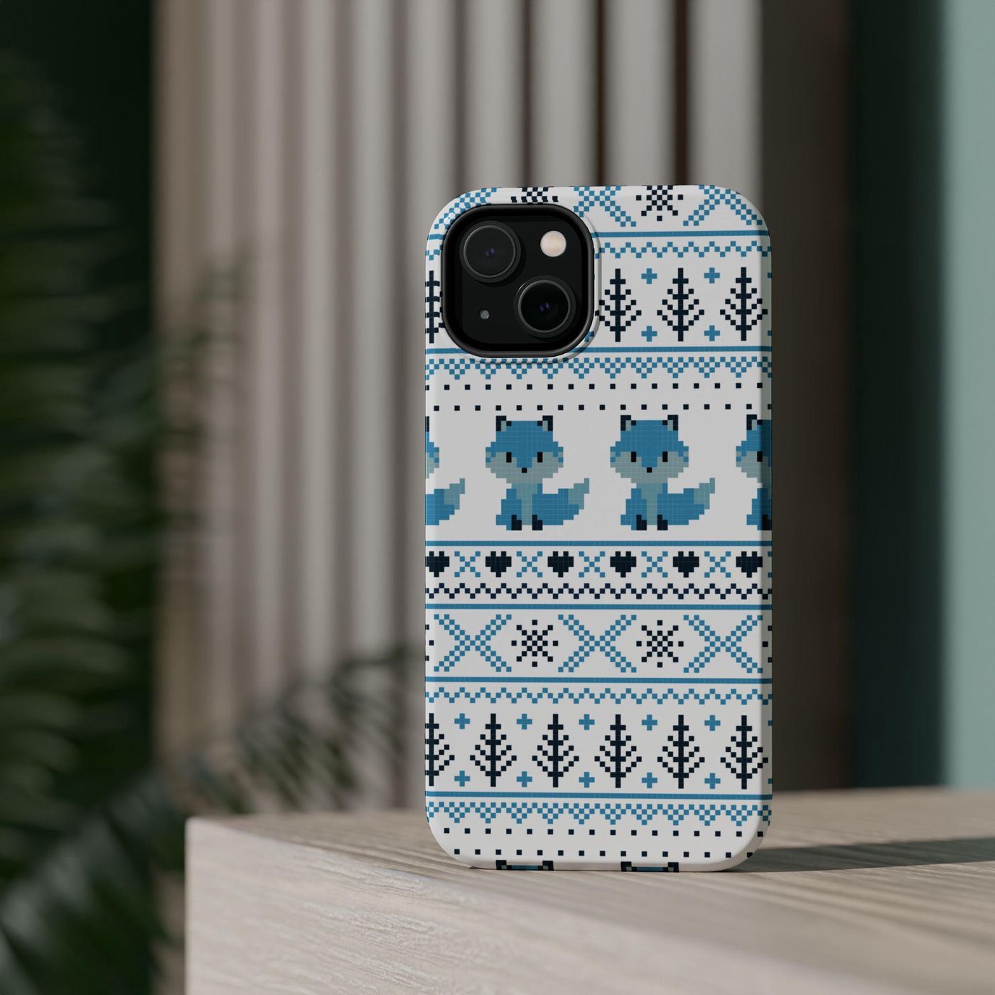 Blue Fox Christmas Sweater iPhone Case with MagSafe & Dual Layer Protection – Matte or Glossy Finish