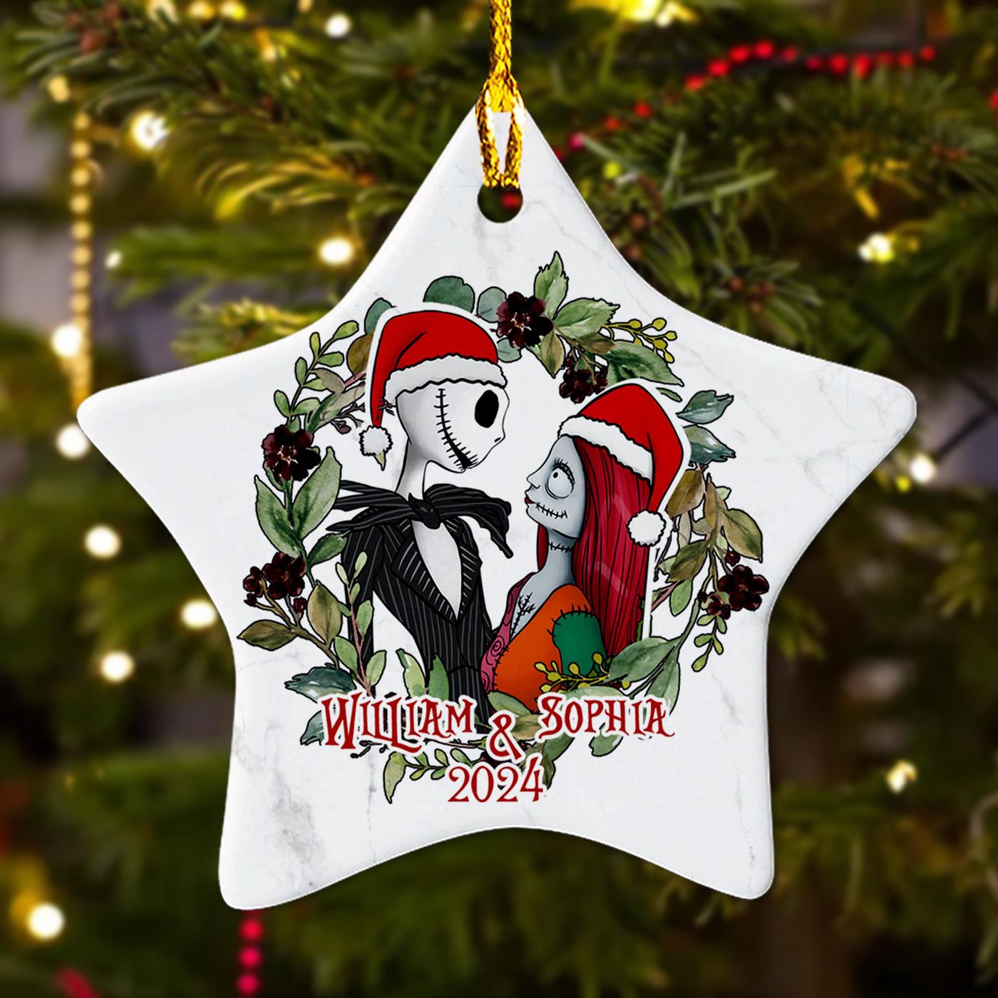 Custom Nightmare Movie Ornament: Personalized Couple Santa Hat Decor 2024 – Perfect His & Her Xmas Gift!