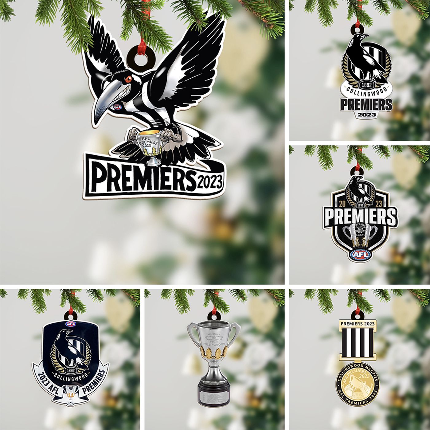 6PCS 2023 AFL Premiers Collingwood FC Clear 1-Sided Acrylic Ornament Set Gift
