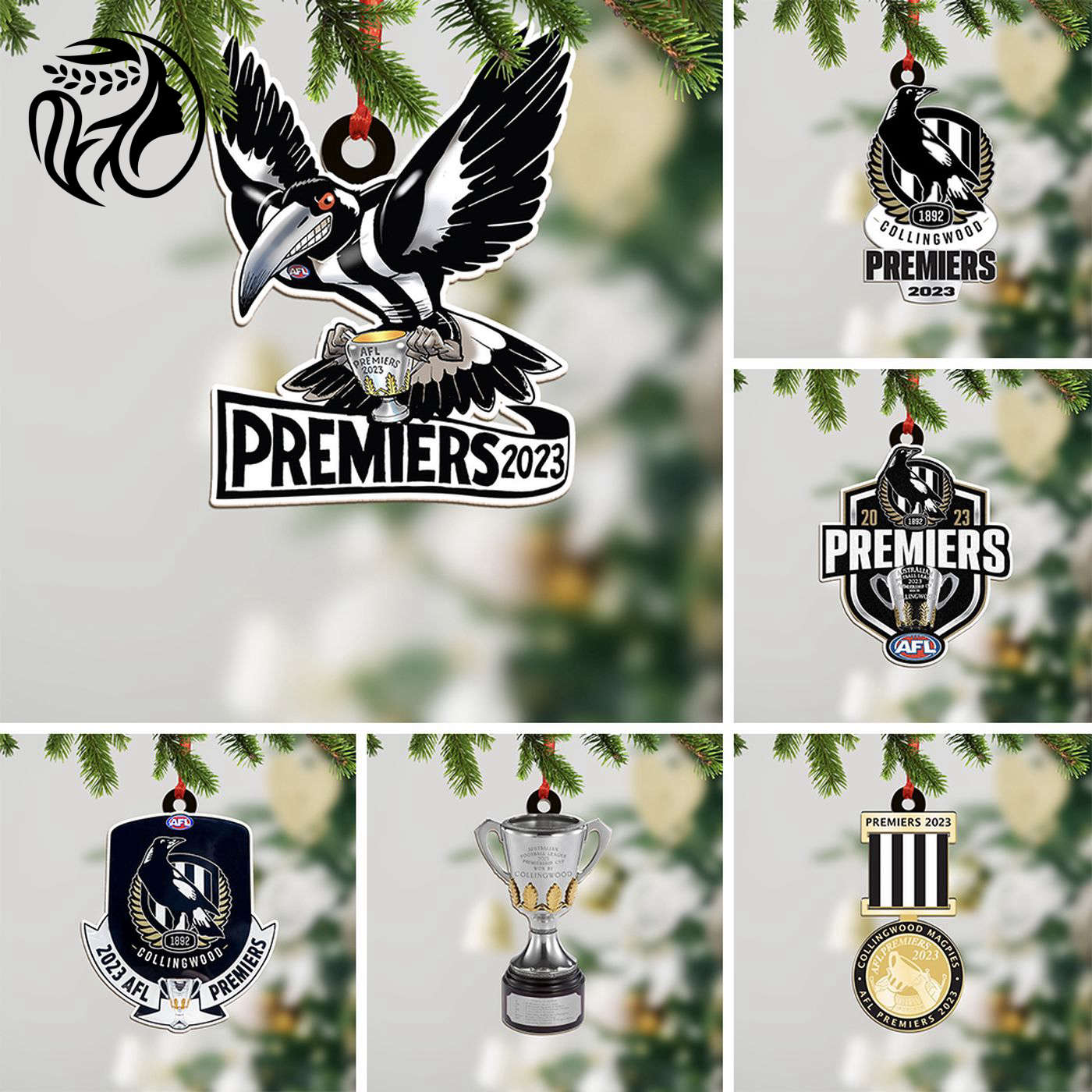 6PCS 2023 AFL Premiers Collingwood FC Clear 1-Sided Acrylic Ornament Set Gift