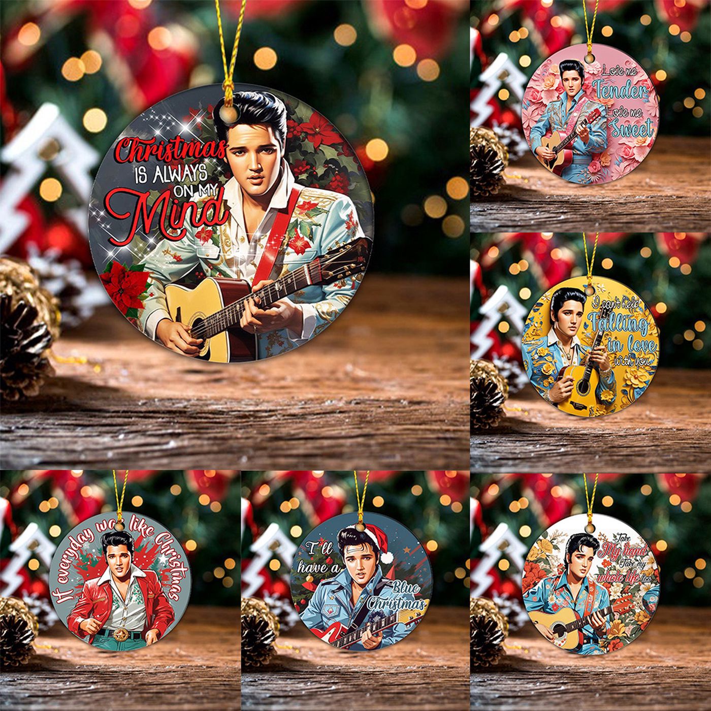 6PCS Elvis Presley 2-Side Printed Acrylic Ornament Set  – Gift for Christmas Day
