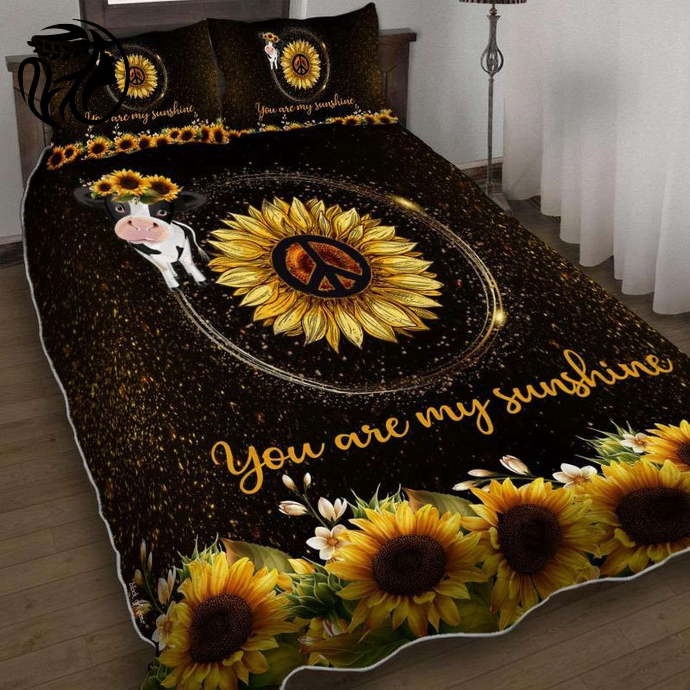 Sunflower Peace Sign Cow Quilt Bedding Set – You Are My Sunshine: Vibrant Cozy and Fun!