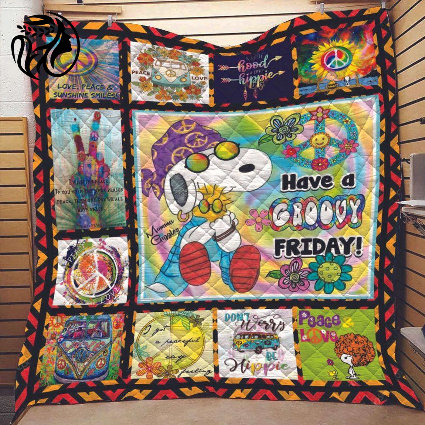 Hippie Snoopy Quilt Blanket: Groovy Flowers & Peace Love Symbol – Have a Groovy Friday!
