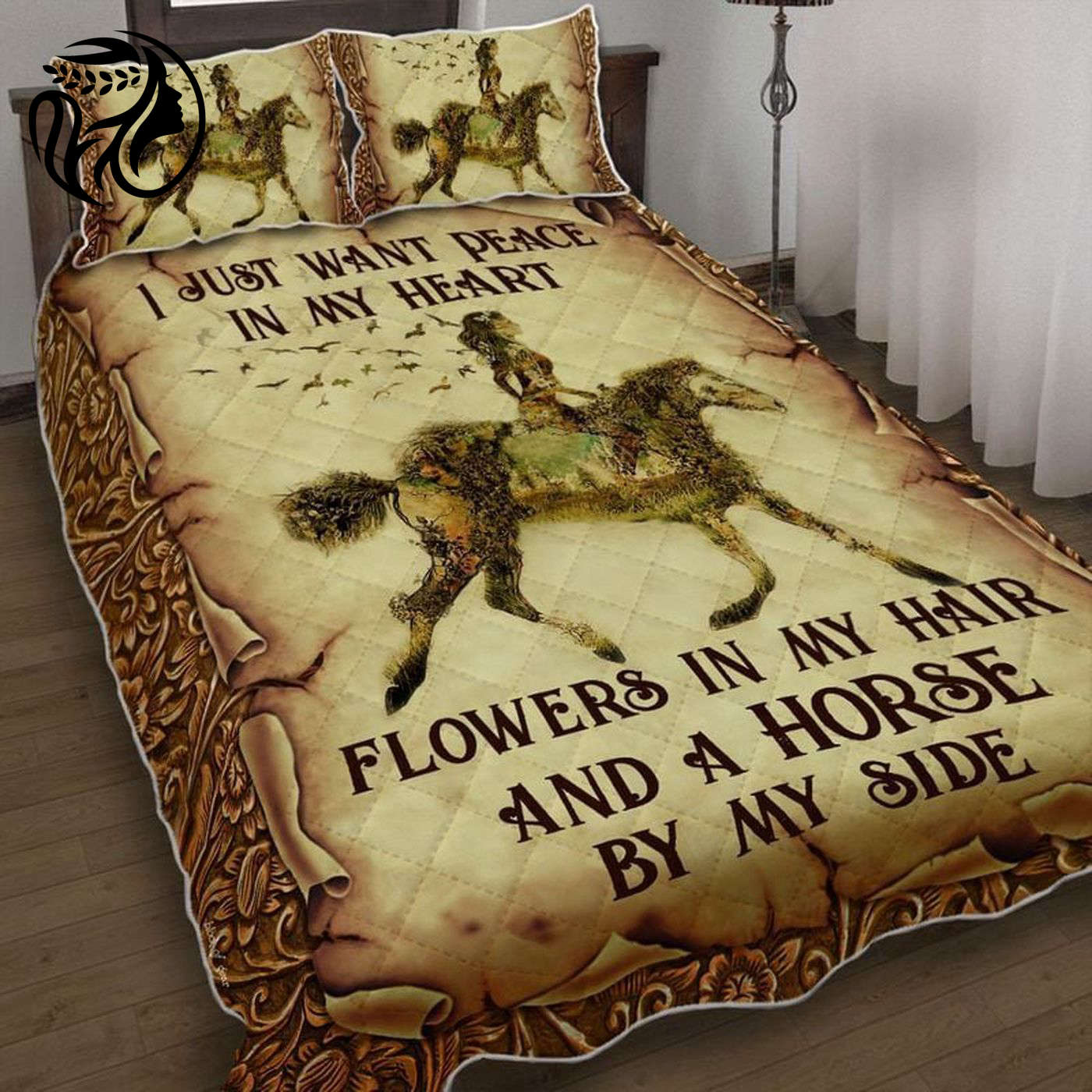Peaceful Heart Quilt Bedding Set with Flowers Hair Accents & Horse Design
