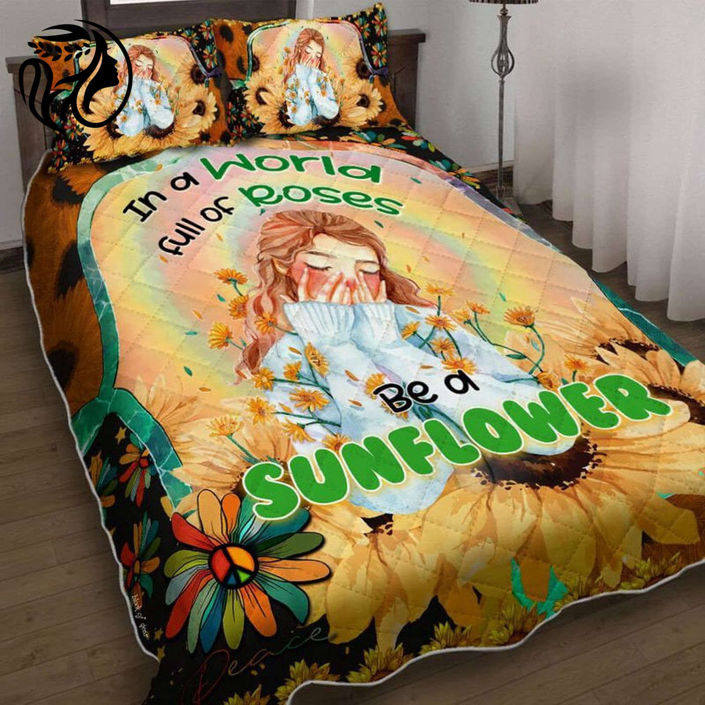 Sunflower Hippie Peace Quilt Bedding Set – Embrace Beauty & Tranquility