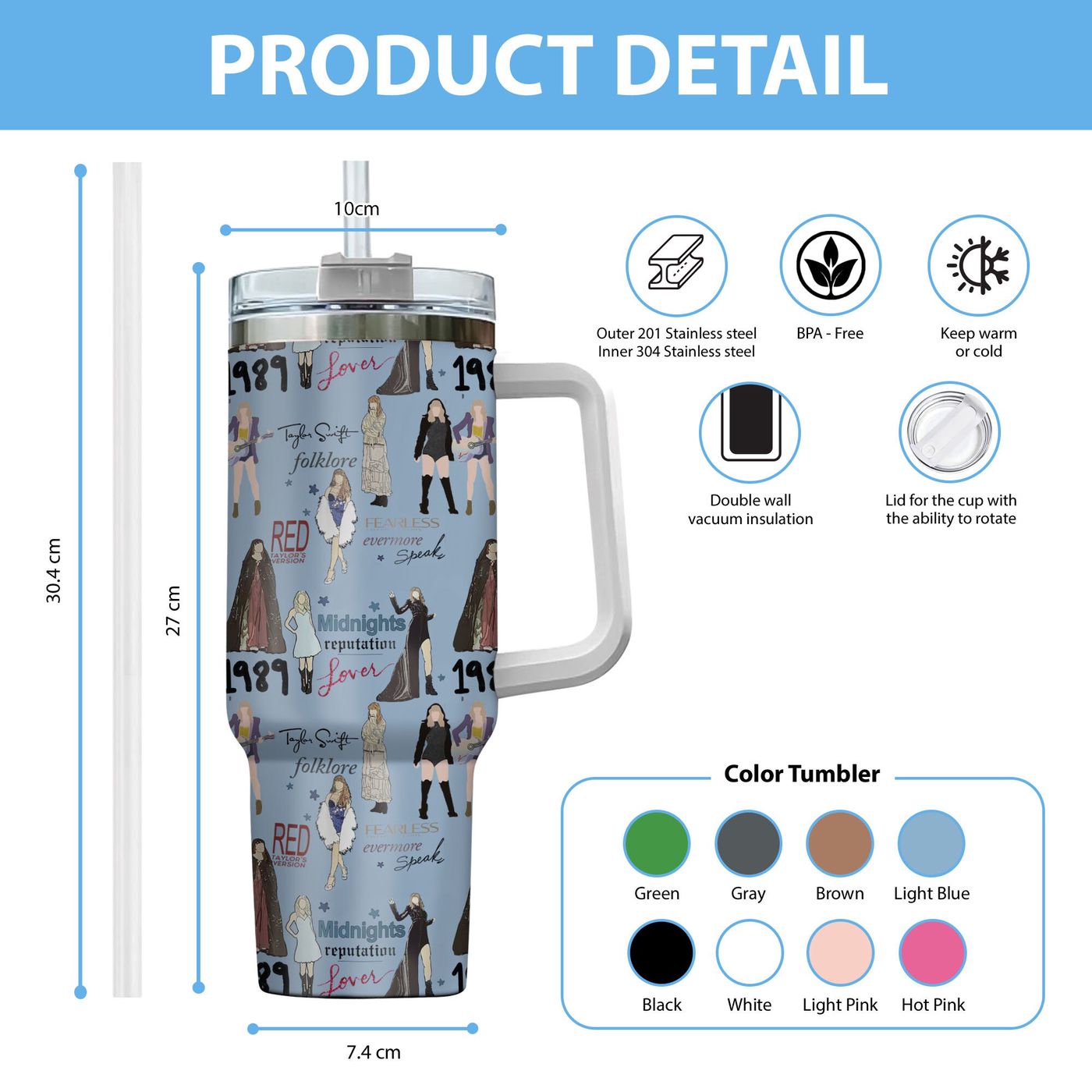 Taylor Swift Eras Tumbler – 40oz Cup with Handle Perfect Birthday  – Gift for Women for Taylor Swift Fans